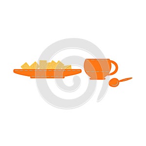 Cup with a spoon and a saucer with cookies. Vector composition template for design. Flat style, two colors