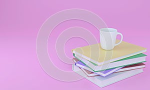 3D rendering cup on stack book in pastel pink background