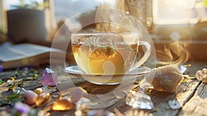 A cup of steaming chamomile tea p next to a set of Reikiinfused healing crystals. The steam rising from the cup creates