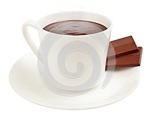 Cup of steaming hot cocoa with chocolate squares