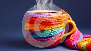 Cup of Steaming Hot Tea Coffee, Wrapped with Knitted Colorful Scarf