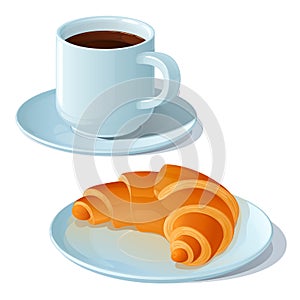 Cup of strong black coffee and croissant on a white porcelain saucer