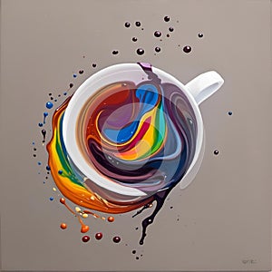 a cup with a swirly liquid in it is surrounded by red, yellow,
