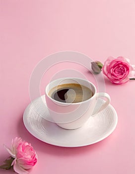 Cup of tasty coffee on pink background