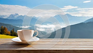 Cup of tasty coffee on wooden table with mountain landscape in background