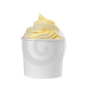 Cup with tasty frozen yogurt on background