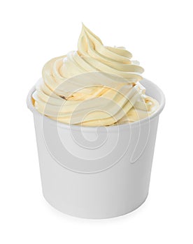 Cup with tasty frozen yogurt on background