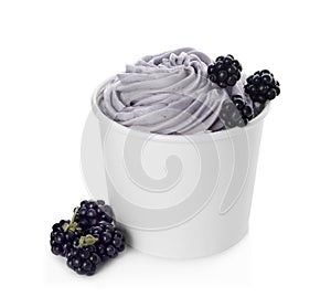 Cup of tasty frozen yogurt with blackberries on background