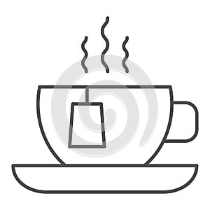 Cup with tea bag thin line icon. Mug of tea vector illustration isolated on white. Hot tea outline style design