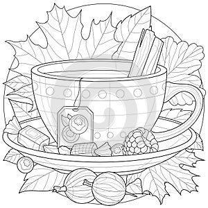 A cup of tea with berries, sweets and cinnamon. Autumn illustration.Coloring book antistress for children and adults.