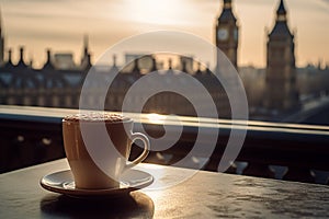 Cup of tea with Big Ben London view on background with sunset, selective focus.