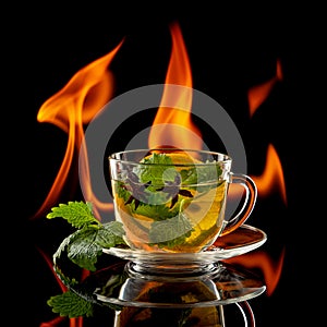 Cup of tea on black with flames