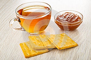 Cup with tea, bowl with apple jam, crackers on wooden table