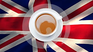 Cup of tea with British flag waving in the background
