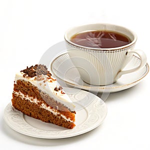 Cup of tea with cake slice isolated on white background