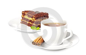 Cup of tea with chocolate cake
