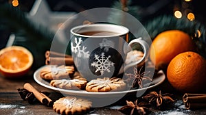 A cup of tea in a Christmas arrangement. Ai generative