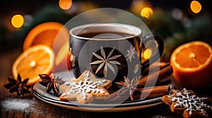 A cup of tea in a Christmas arrangement. Ai generative