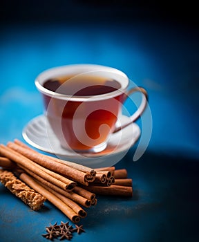 a cup of tea and cinnamon sticks on a blue background