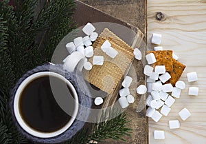 Cup of tea or coffee in a coffee cup cozy, cookies, branch of fir tree, marshmallows, old books