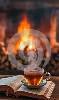 cup of tea of coffee and open book near fireplace at cozy home, hot drink at winter evening by fire place, cosy rest and