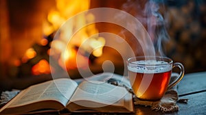 cup of tea of coffee and open book near fireplace at cozy home, hot drink at winter evening by fire place, cosy rest and