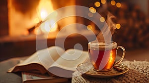cup of tea of coffee and open book near fireplace at cozy home, hot drink at winter evening by fire place, cosy rest and