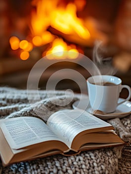 cup of tea of coffee and open book near fireplace at cozy home, hot drink at winter evening by fire place, cosy rest and