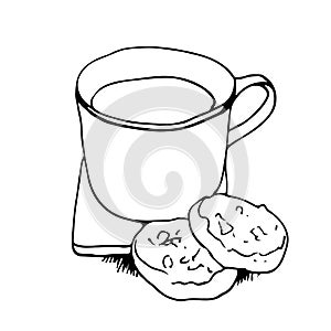 A cup of tea or coffee standing on a table, with biscuits, vector hand drawn illustration