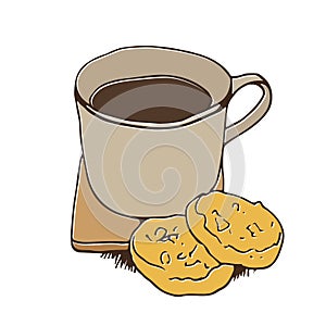 A cup of tea or coffee standing on a table, with biscuits, vector hand drawn illustration