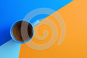 Cup of tea on color background. Space for text