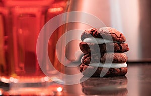 Cup of tea with cookies on table close-up cakes, table, cake, treat, green, bake, handmade, berries, biscuit, closeup, colorful,