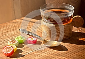 Cup of tea, the Cup holder,candy,spoon.