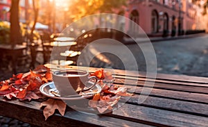 Cup of tea and empty wooden table of outdoor cafe for product display with blurred background. Autumn quiet city street in the