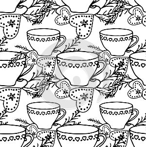 Cup of tea fir tree cookie heart shape seamless pattern winter holiday hand drawn ink art design elements