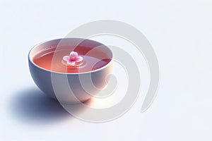 A cup of tea with a floating flower. Space for text.