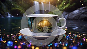 cup of tea in forest highly intricately detailed of beautiful tranquil image of Russell Falls waterfall landscape in a coffee cup