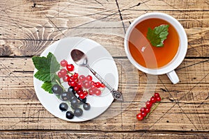 Cup of tea and fresh black and red currant berries on wooden table. Copy space