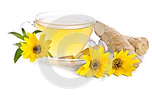 Cup of tea with ginger slices and Echinacea flower