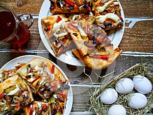 cup of tea, homemade pizza and eggs