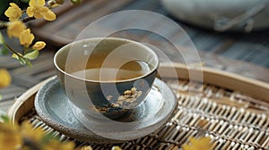 A cup of tea infused with osmanthus flowers believed to have antiinflammatory effects and aid in digestion