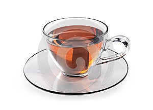 Cup of tea isolated on white background. Glass cup with teabag.  Black, brown hot tea.