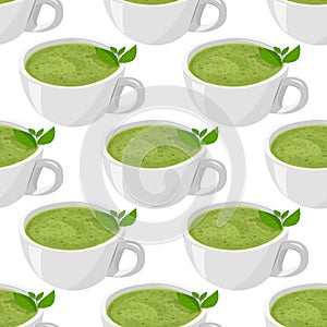 Matcha tea background. Cup of tea isolated on white background. Vector seamless pattern