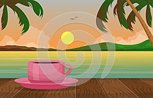 A Cup of Tea Lake Tropical Beach Sunset View Illustration