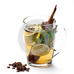 Cup of tea with lemon, anise star and cinnamon