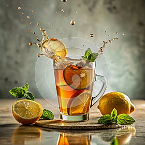 Cup tea and lemon. The character and all objects are fictitious, the image was created using the neural network Recraft.AI