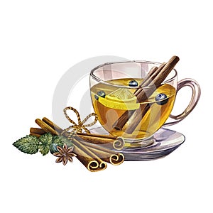 A cup of tea with lemon and cinnamon. Glass goblet filled with tea. Watercolor hand drawn illustration. Isolate on white