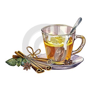 A cup of tea with lemon and cinnamon. Glass goblet filled with tea. Watercolor hand drawn illustration. Isolate on white