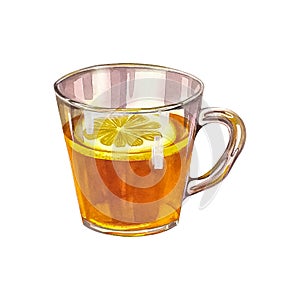 A cup of tea with lemon. Glass transparent cup filled with tea. Watercolor illustration.