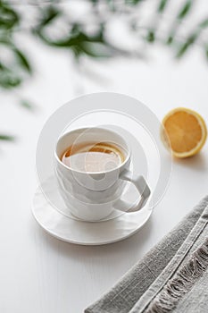 A cup of tea with lemon and green branch on a white table against the background of a kitchen window